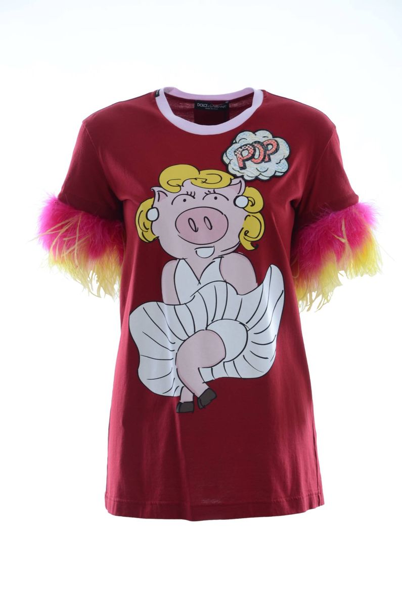 T-Shirt mit Federbesatz und Cartoon-Print