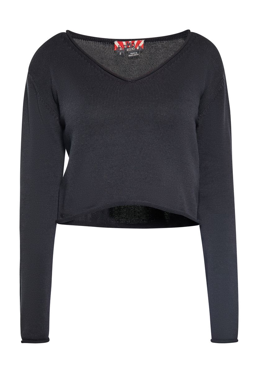 Kurzer Rippstrick-Pullover mit V-Ausschnitt