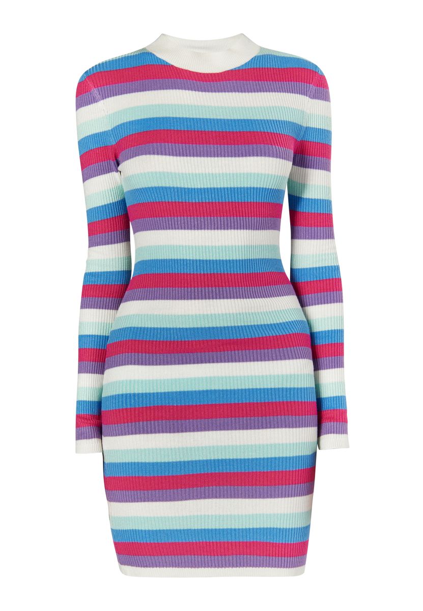 Farbenfrohes Mini-Strickkleid mit Streifen