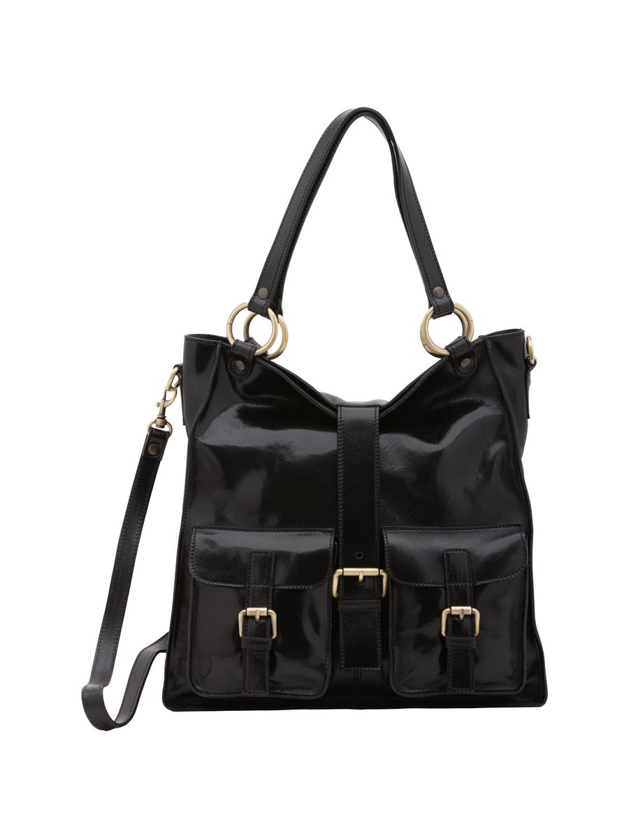 Glänzende Leder-Schultertasche mit Schnallentaschen