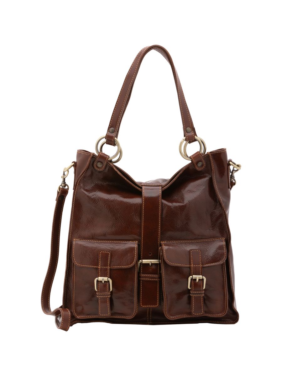 Glänzende Leder-Schultertasche mit Schnallentaschen