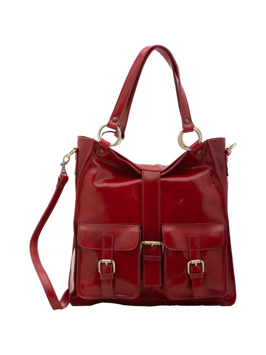 Glänzende Leder-Schultertasche mit Schnallentaschen