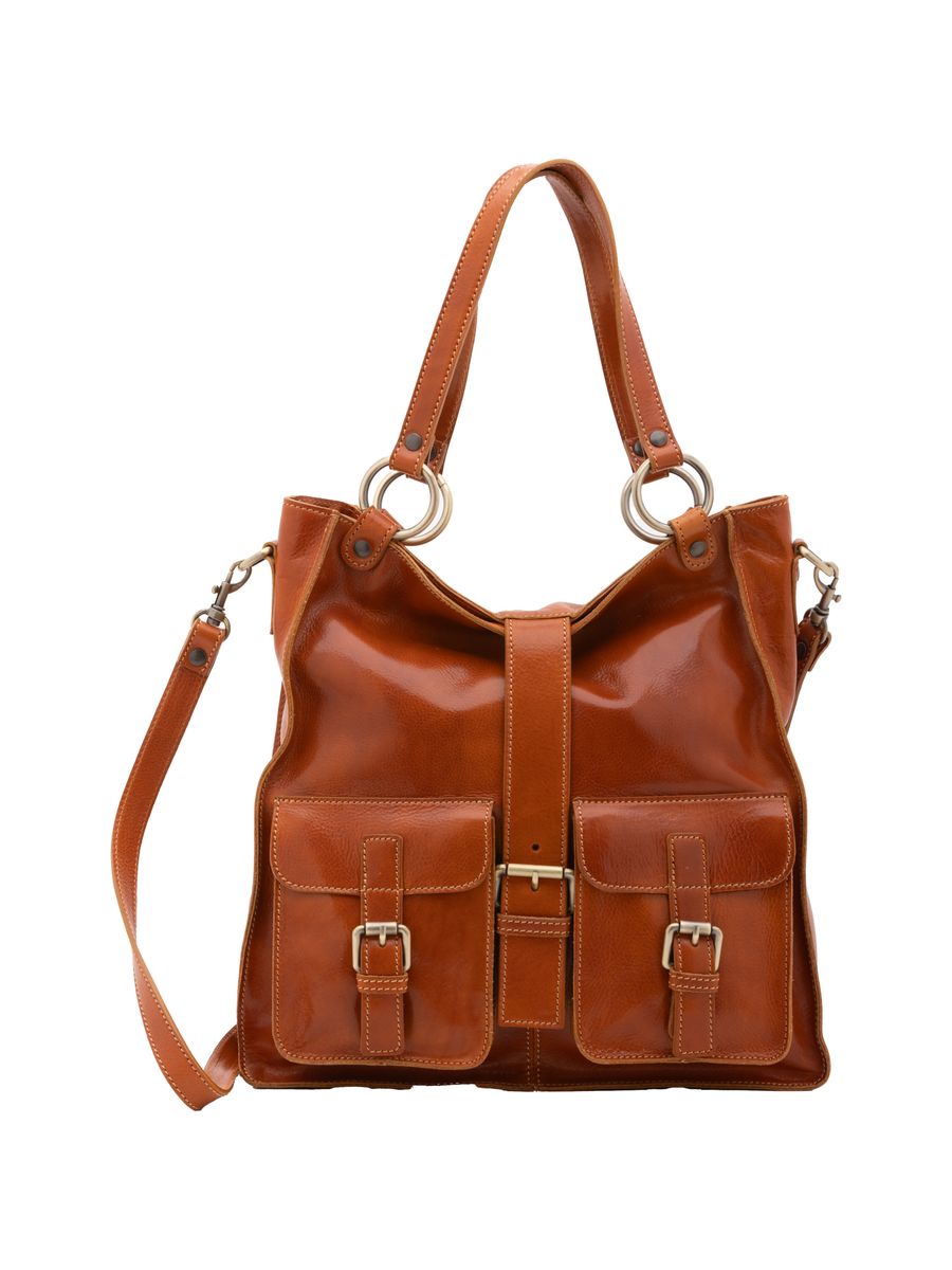 Glänzende Leder-Schultertasche mit Schnallentaschen