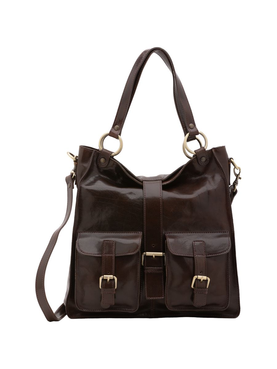 Glänzende Leder-Schultertasche mit Schnallentaschen