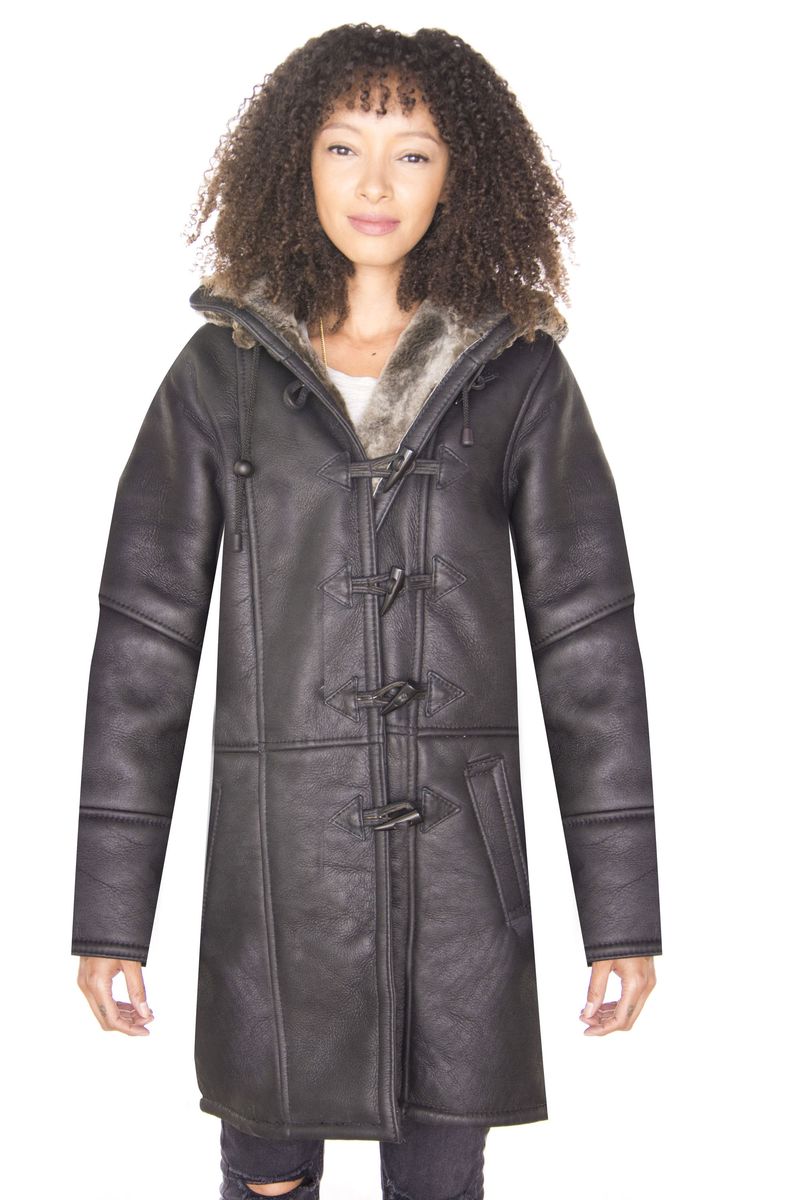 Klassischer Lammfell-Dufflecoat mit Kapuze