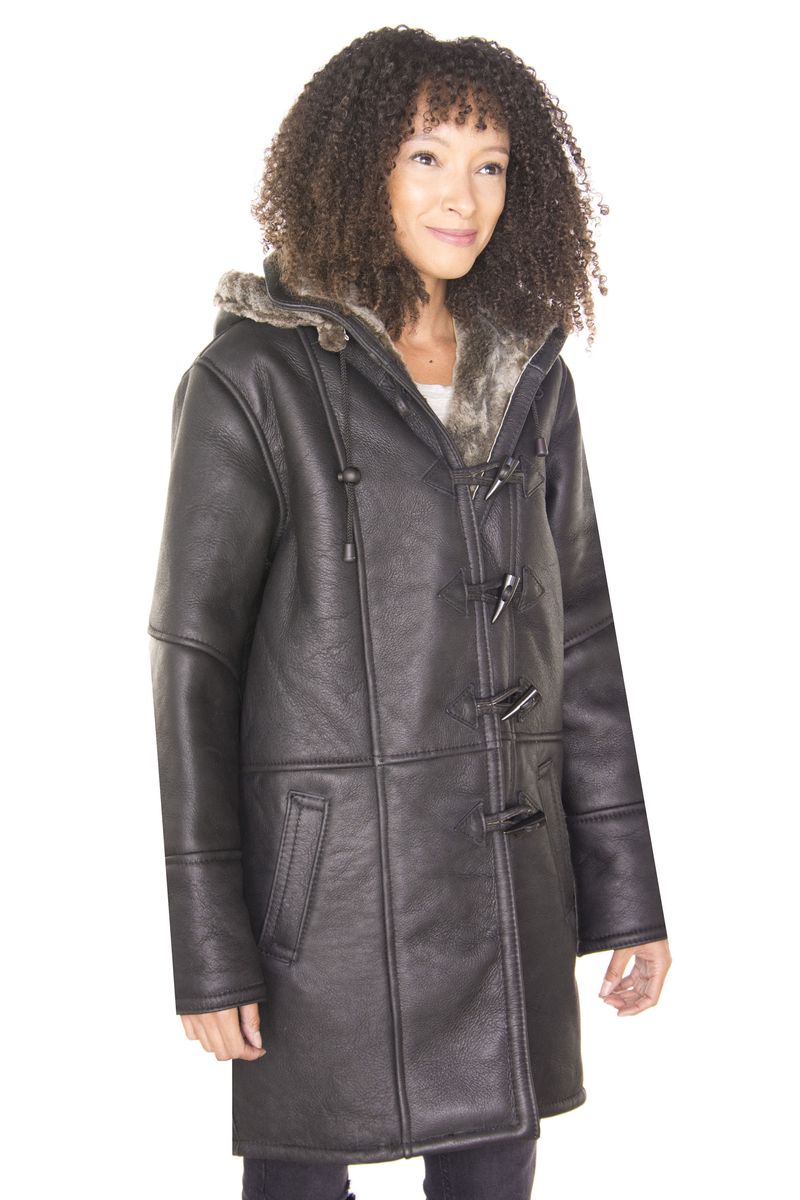 Klassischer Lammfell-Dufflecoat mit Kapuze