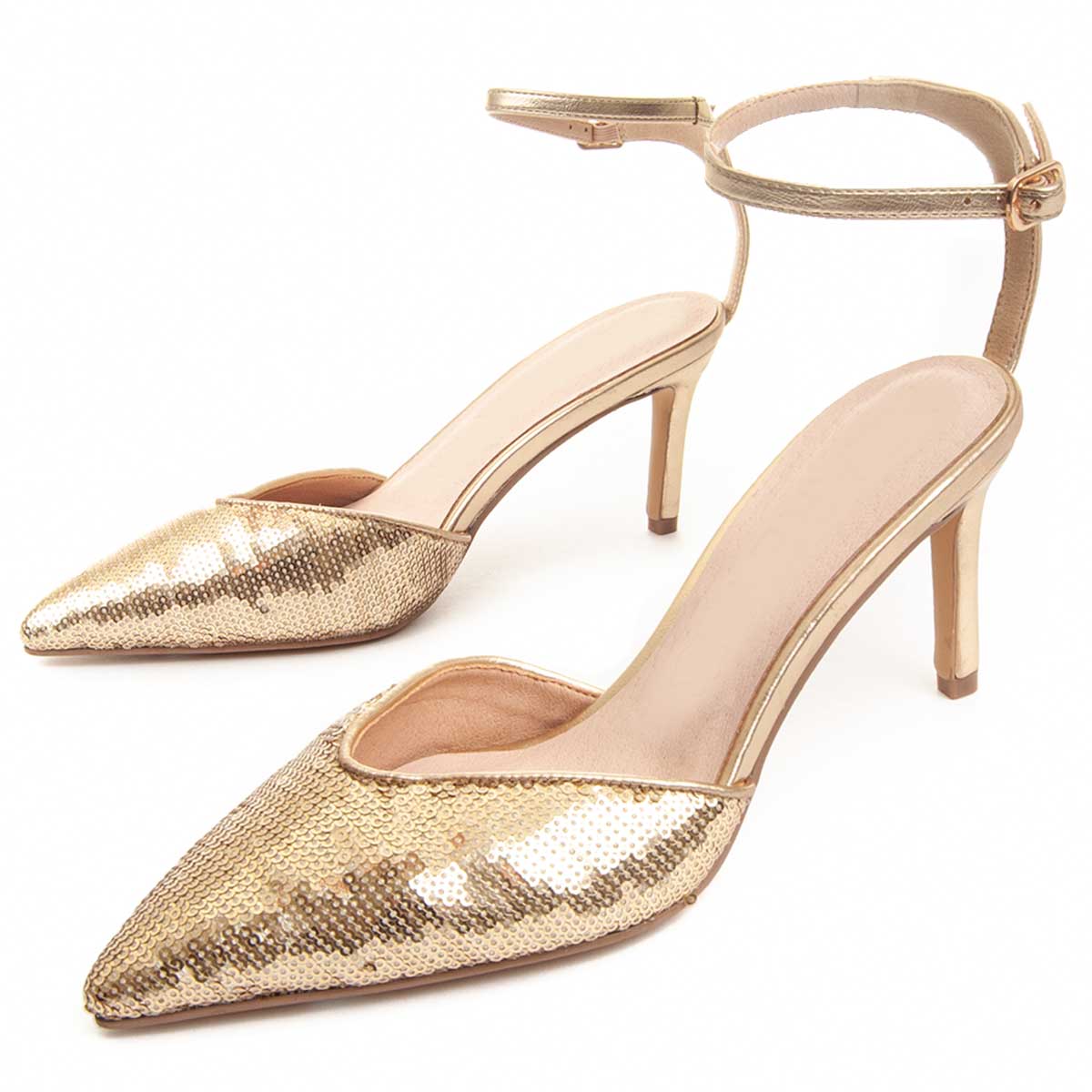 Pailletten-Pumps mit spitzer Kappe und Fesselriemen