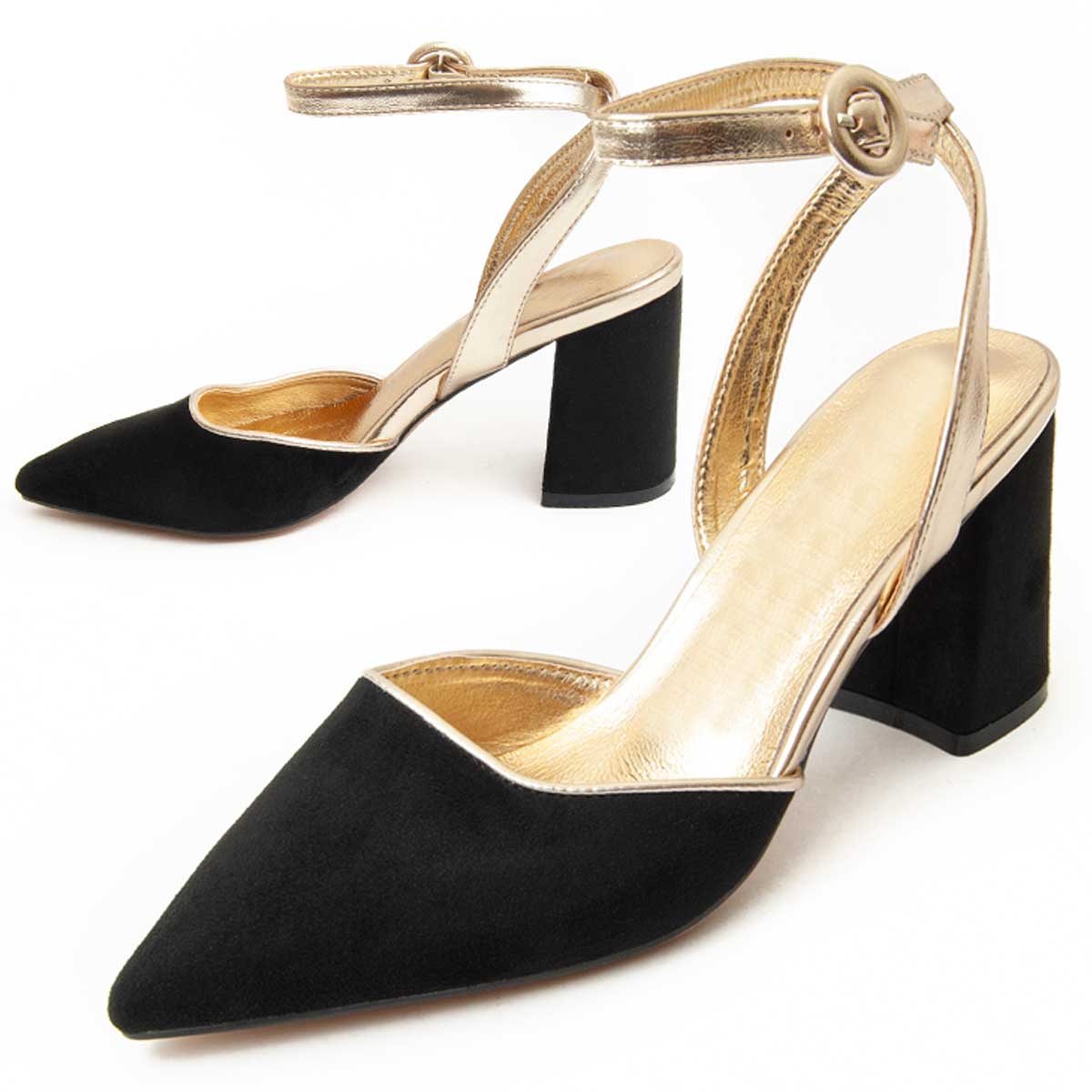 Blockabsatz-Pumps mit Spitze und Riemchen