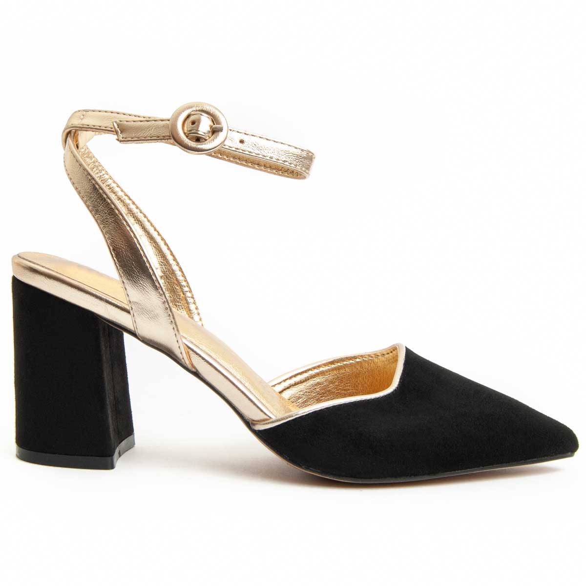 Blockabsatz-Pumps mit Spitze und Riemchen