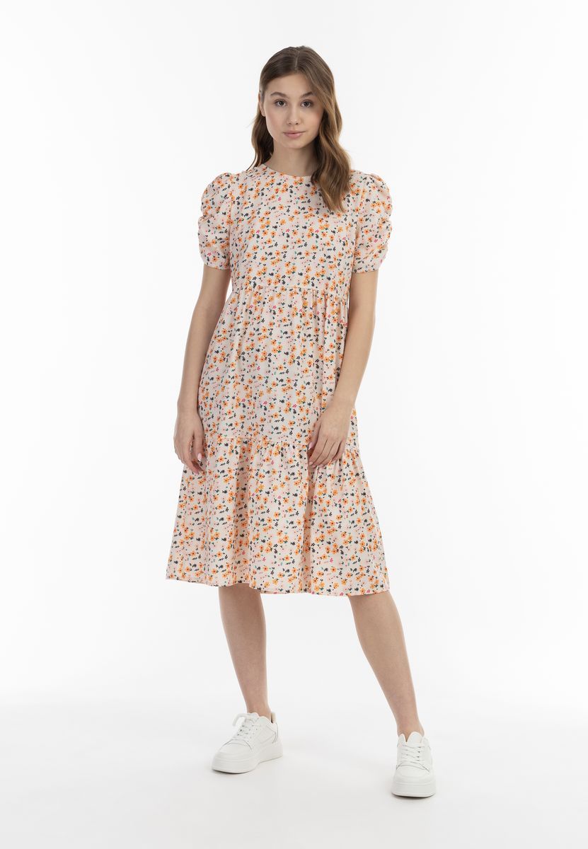 Geblümtes Midi-Stufenkleid mit Puffärmeln