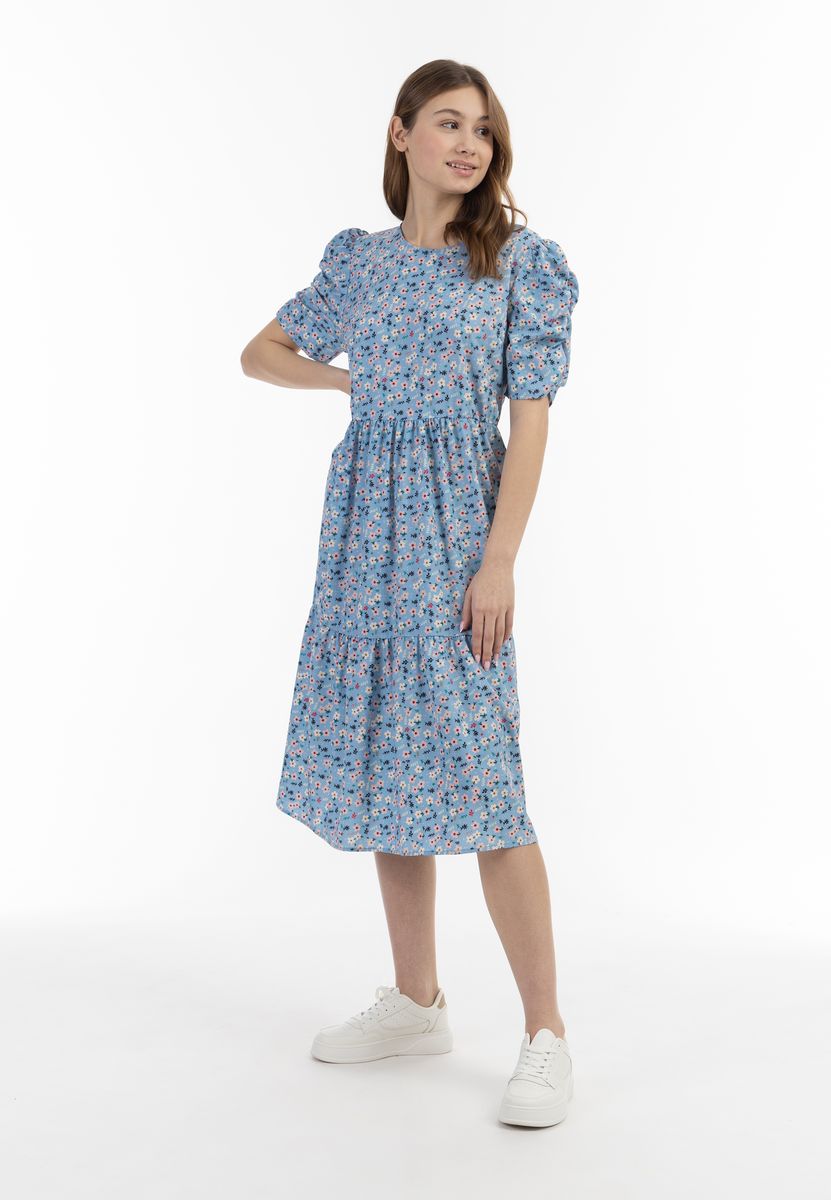 Geblümtes Midi-Stufenkleid mit Puffärmeln
