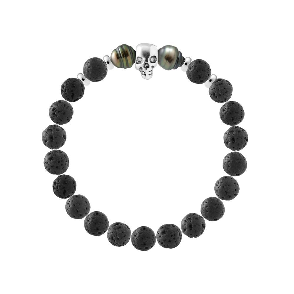 Totenkopf Armband mit Tahitiperlen und Lavastein
