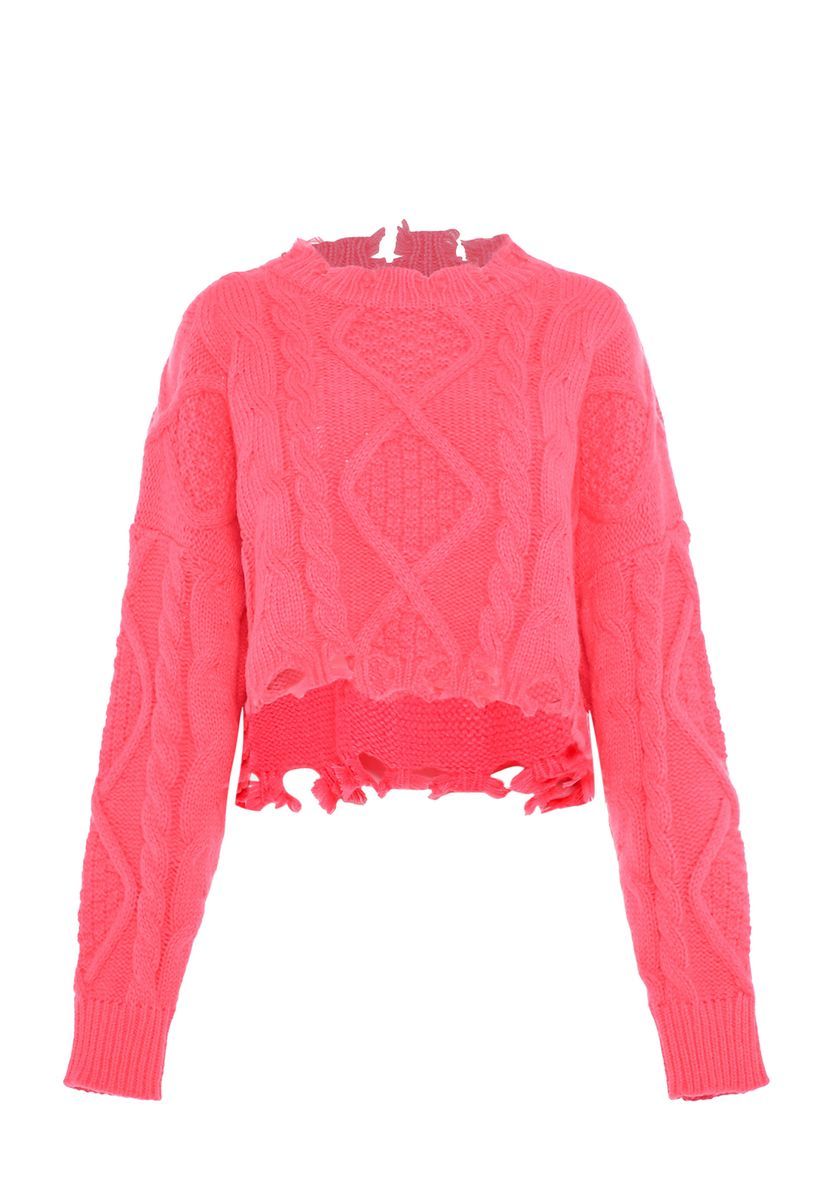 Kurzer Zopfstrickpullover im Distressed-Look