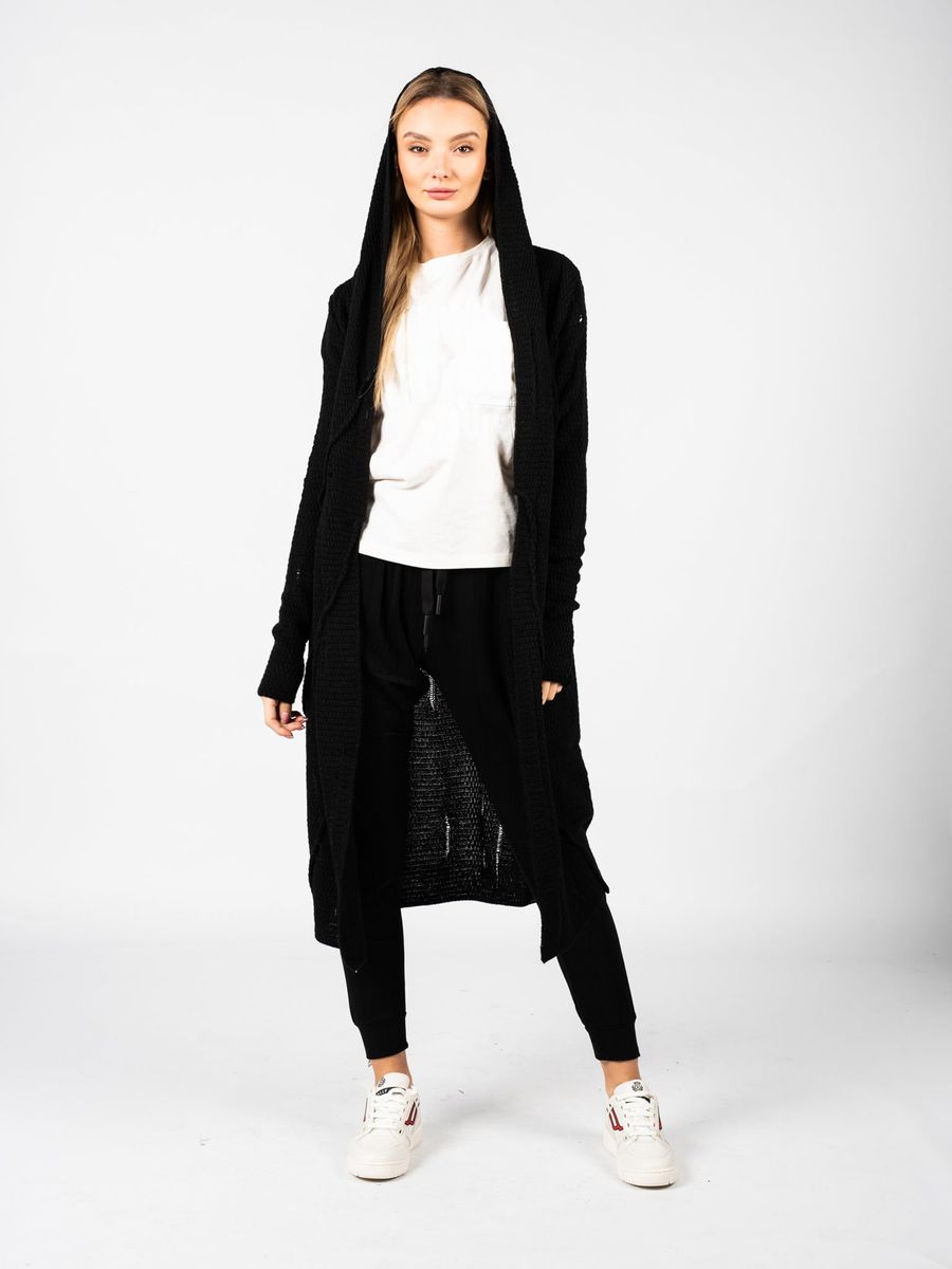 Lange Strickjacke mit Kapuze