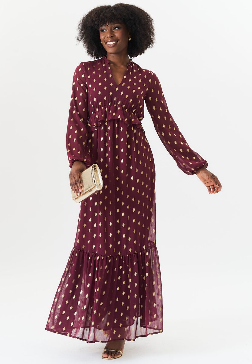 Maxikleid mit Foliendruck und Rüschen