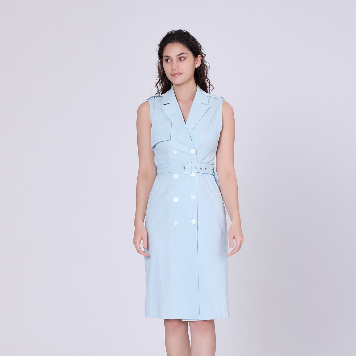 Ärmelloses zweireihiges Trench-Midikleid