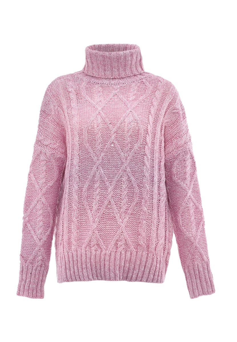 Grobstrick-Rollkragenpullover mit Zopfmuster
