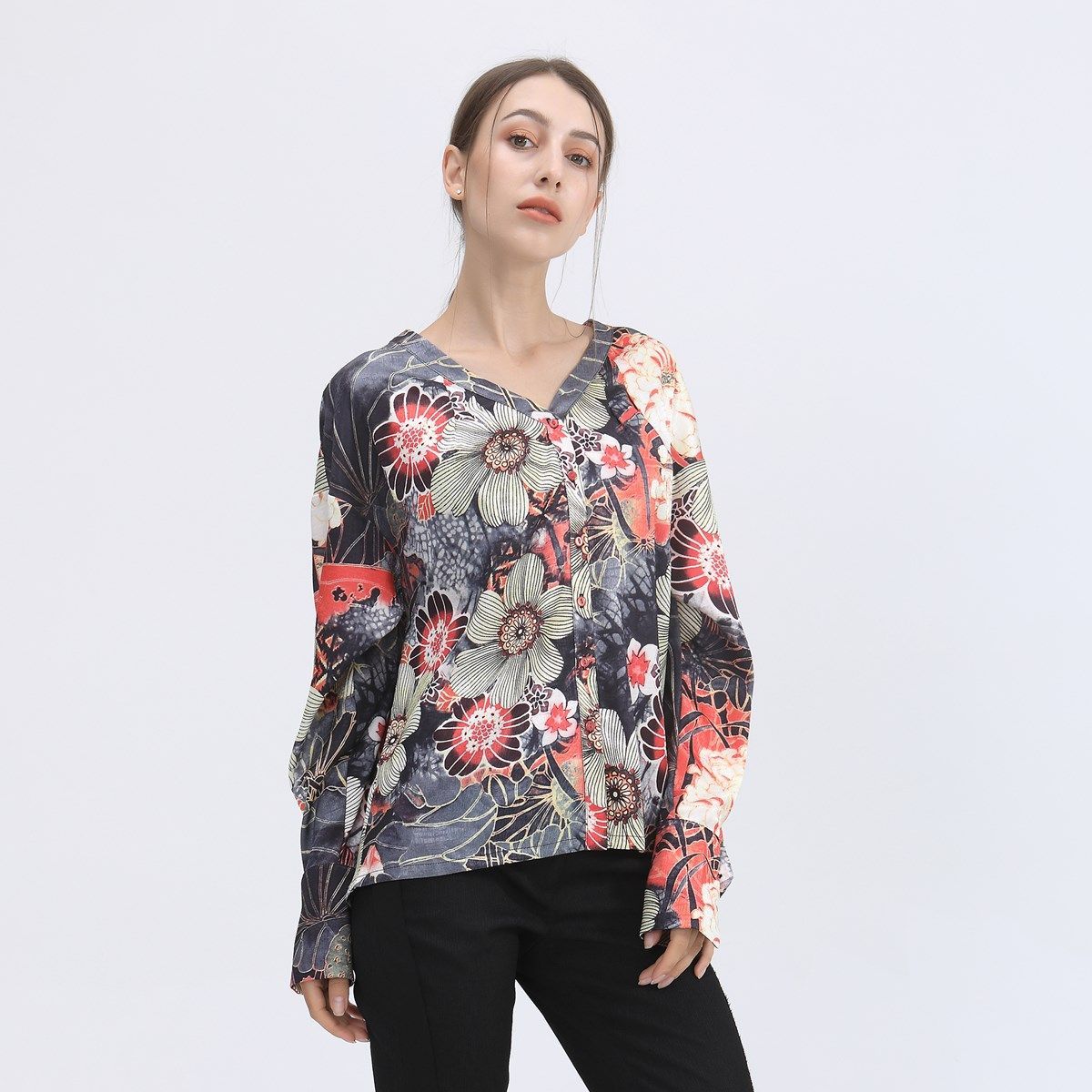V-Ausschnitt Bluse mit Makro-Blumenmuster