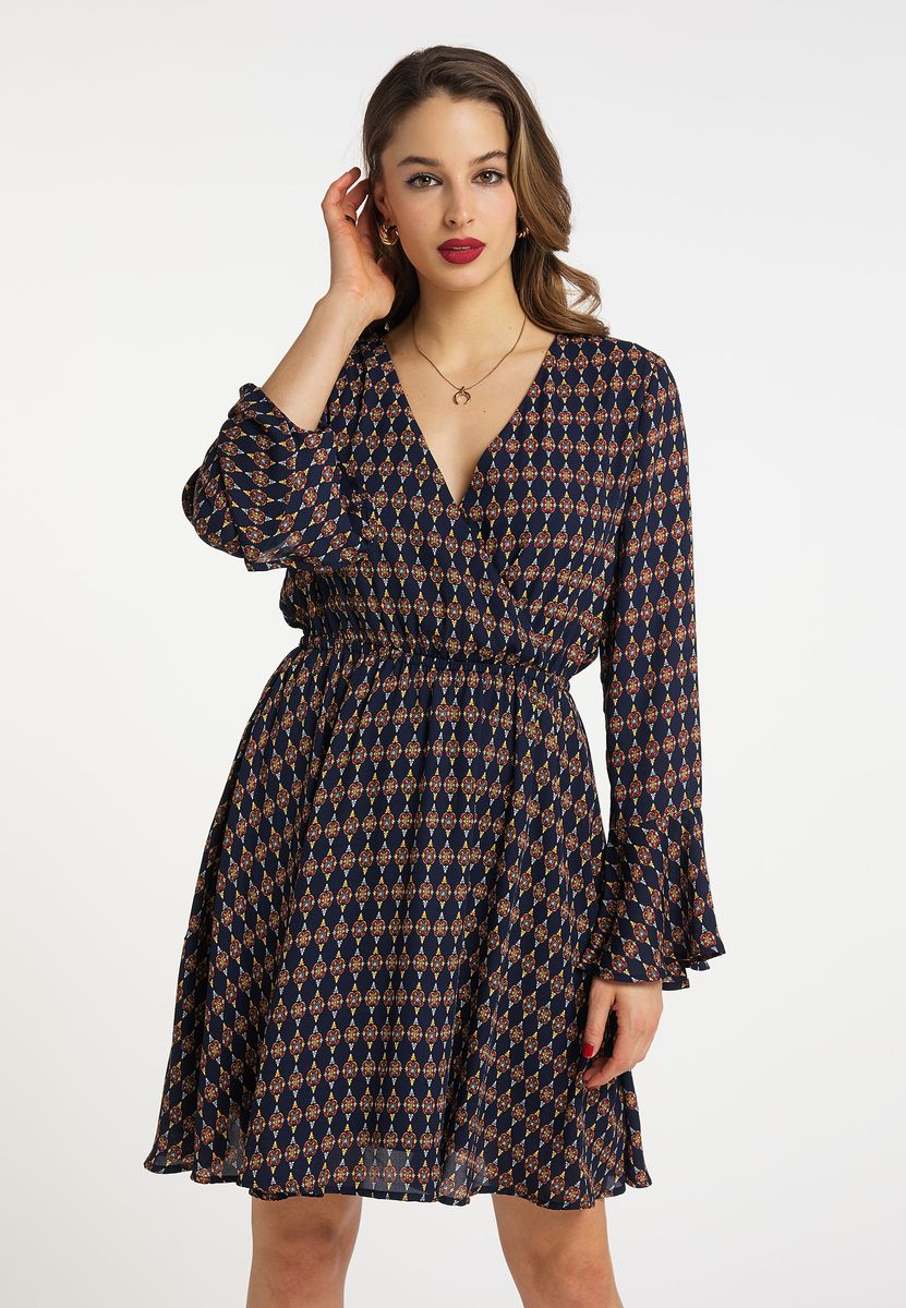 Minikleid mit Geometrie-Print und Trompetenärmeln