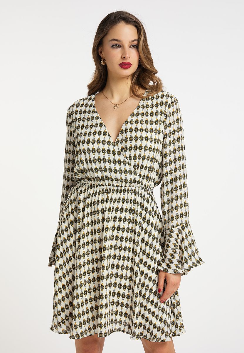 Minikleid mit Geometrie-Print und Trompetenärmeln