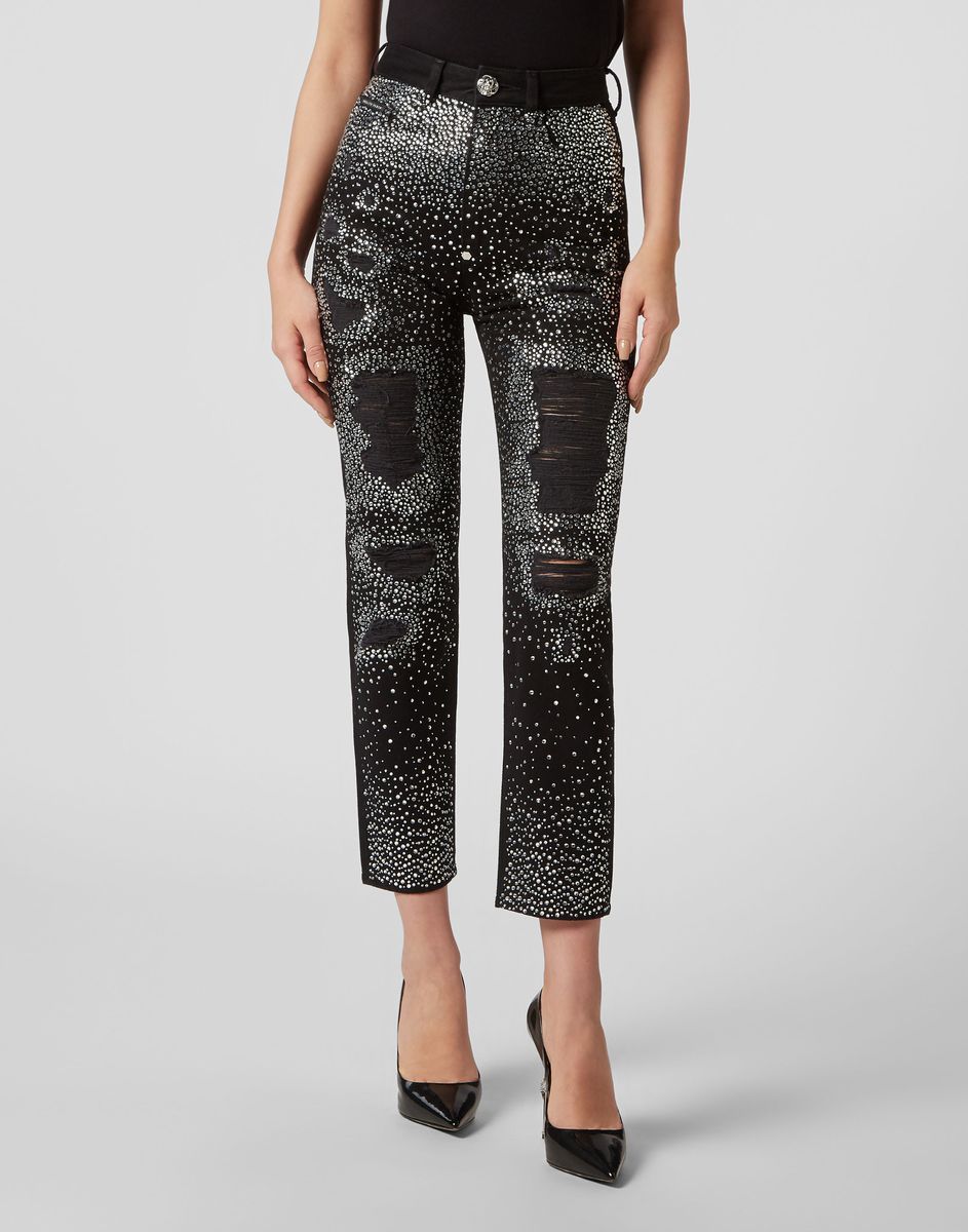 Strassbesetzte Distressed Boyfriend-Jeans