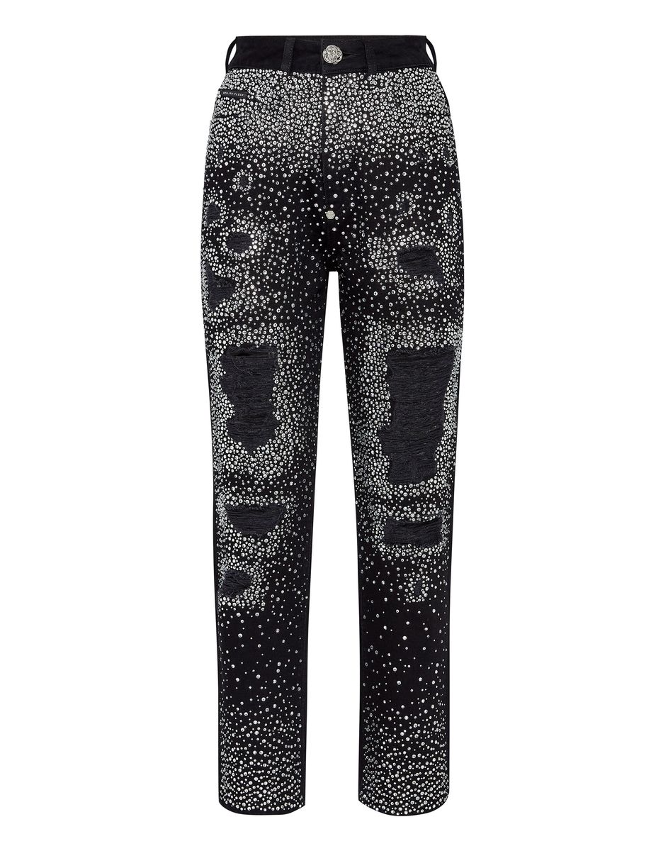 Strassbesetzte Distressed Boyfriend-Jeans