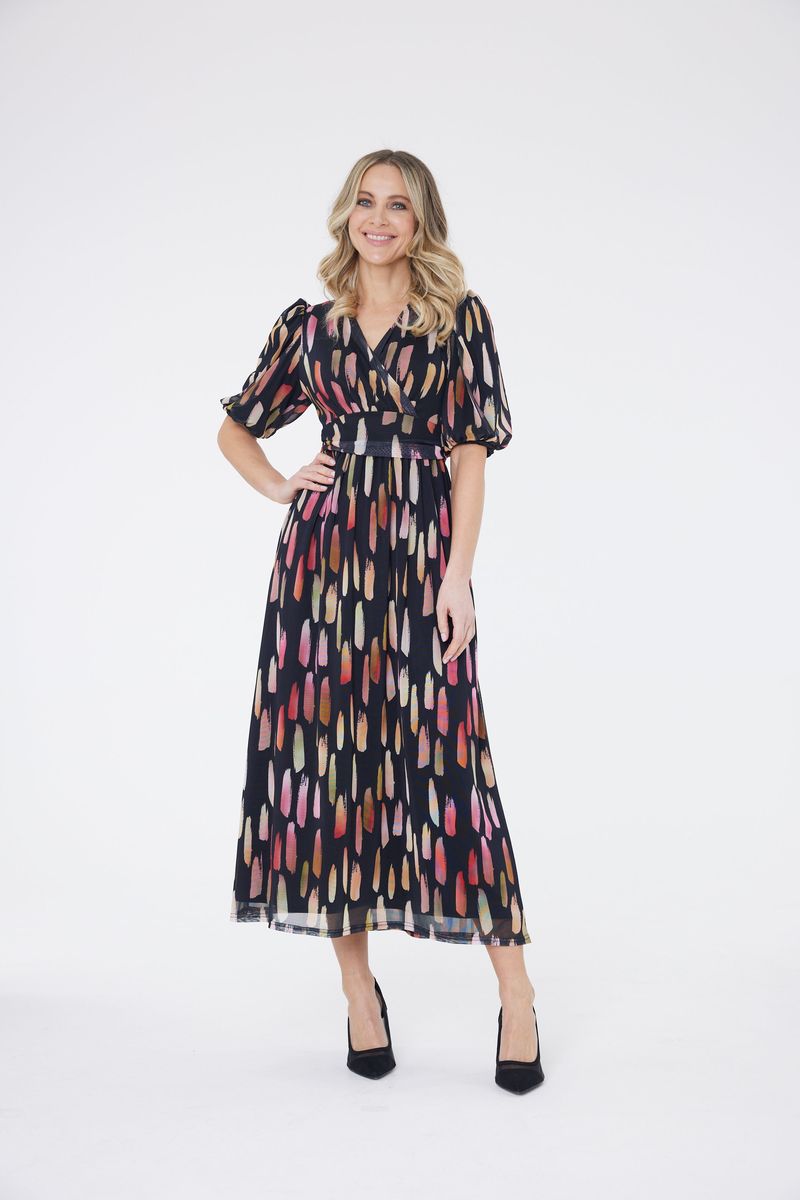 Maxikleid mit Pinselstrich-Print und Ballonärmeln