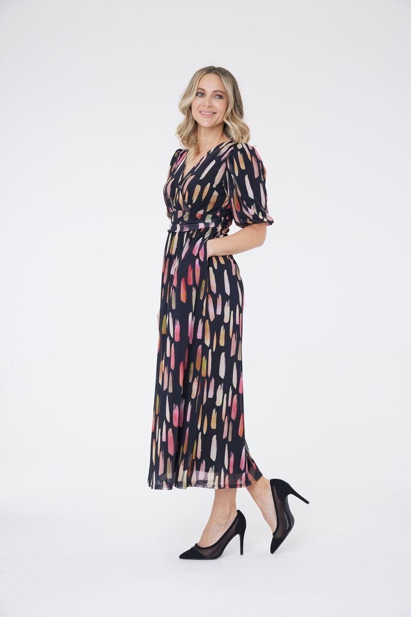Maxikleid mit Pinselstrich-Print und Ballonärmeln