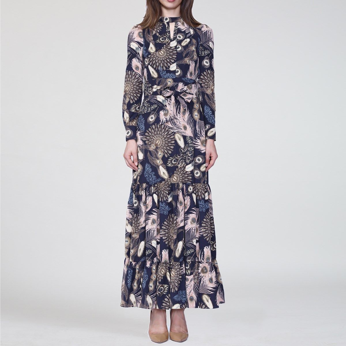 Boho-Maxikleid mit Pfauenfeder-Print