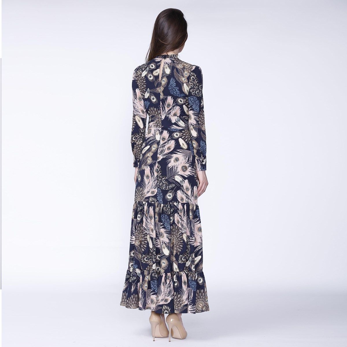 Boho-Maxikleid mit Pfauenfeder-Print