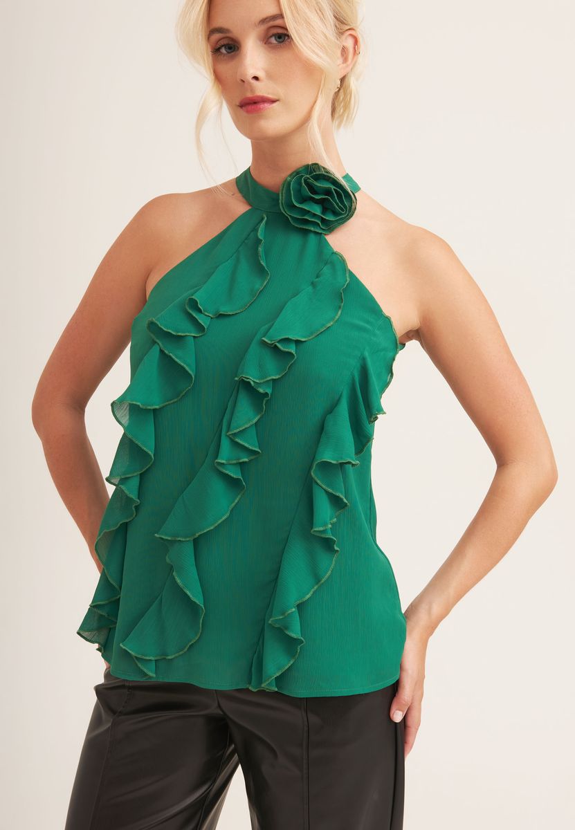 Neckholder-Top mit Blumen-Applikation und Rüschen