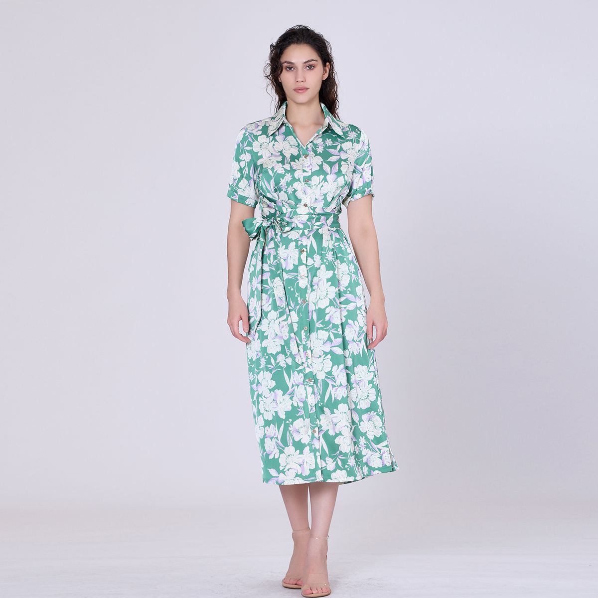 Midi-Hemdkleid mit Makro-Blumenprint