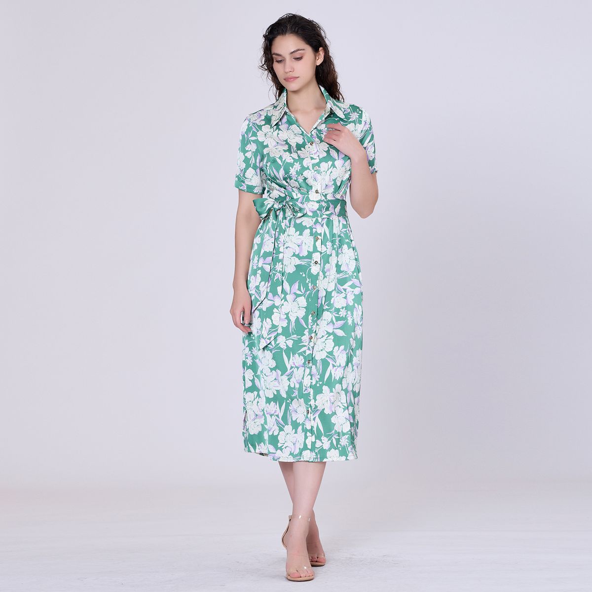 Midi-Hemdkleid mit Makro-Blumenprint