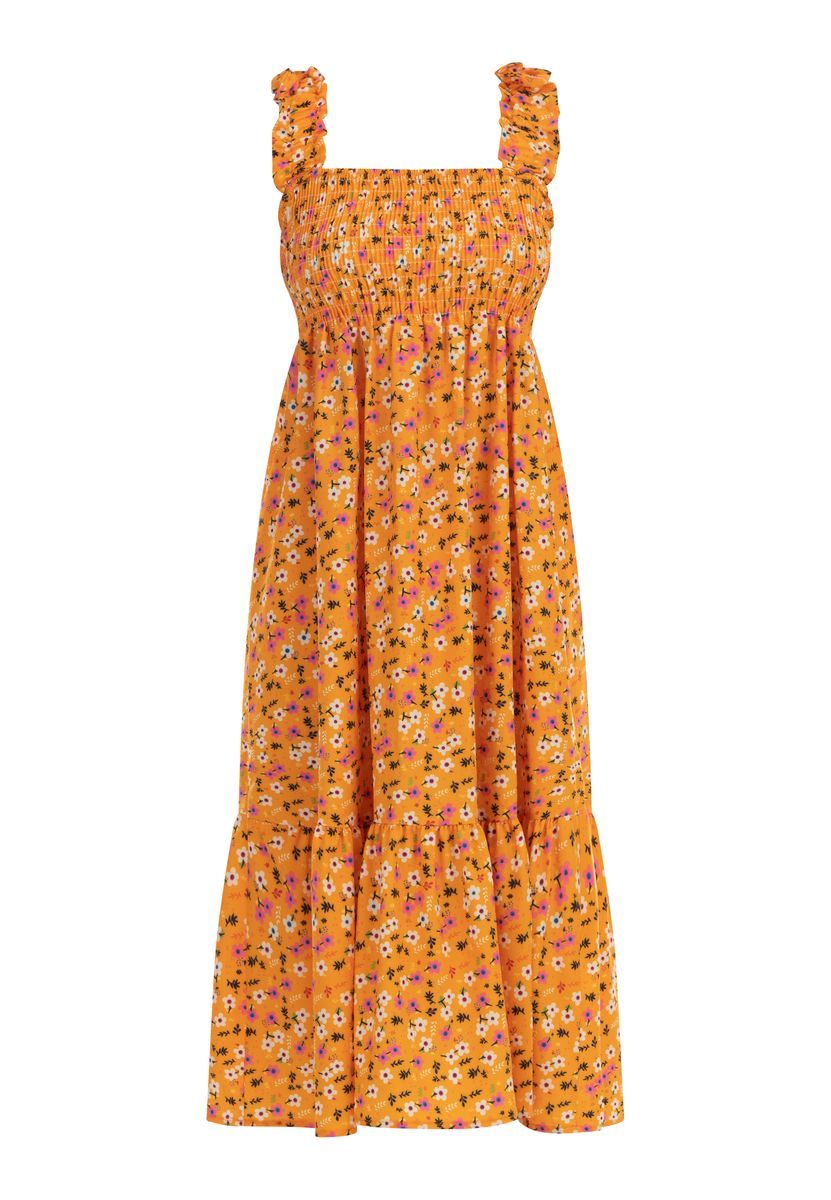 Gesmoktes Midikleid mit Blumenmuster und Volants