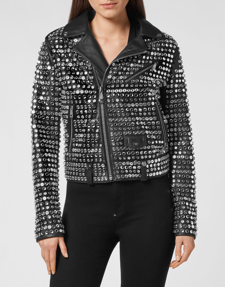 Strassbesetzte Nappa-Leder Bikerjacke