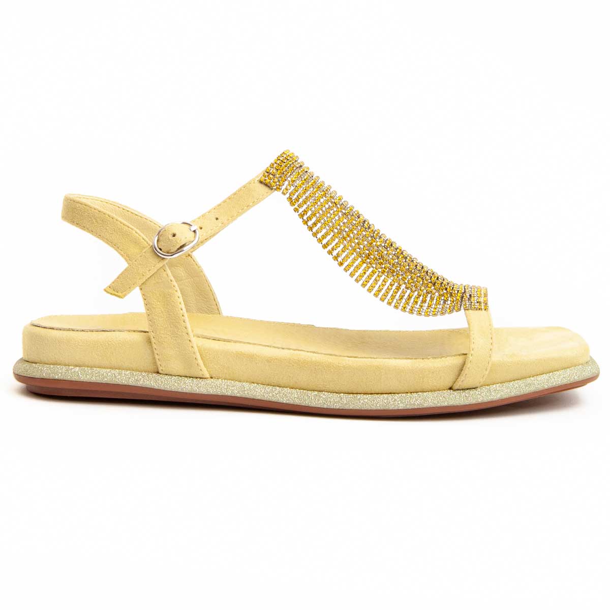 Funkelnde flache T-Riemen-Sandalen