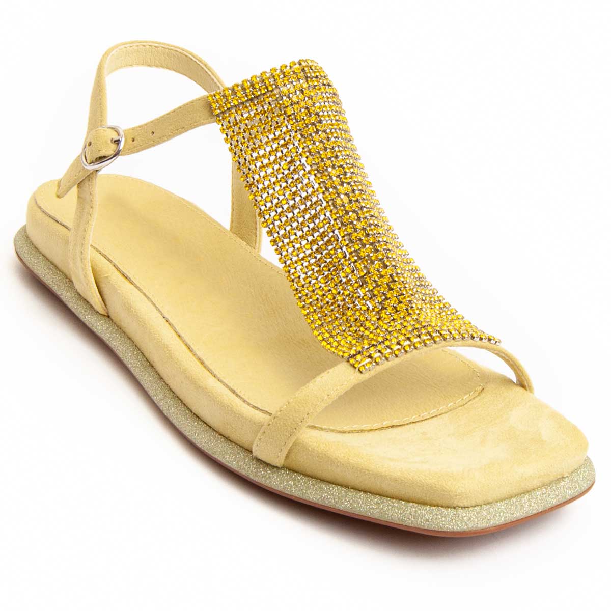 Funkelnde flache T-Riemen-Sandalen