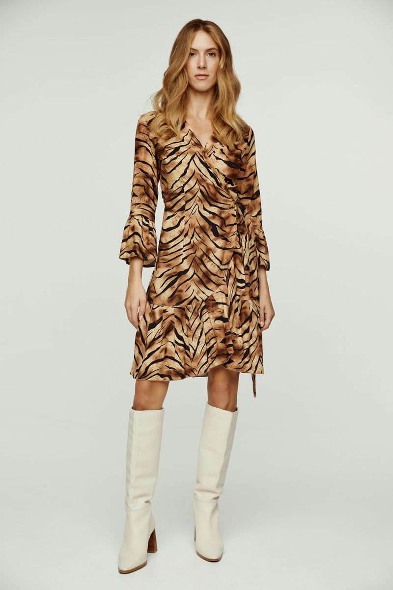 Tiger-Print Wickelkleid mit Volants