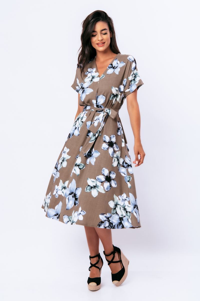 Midi-Kleid in Leinenoptik mit Bindegürtel