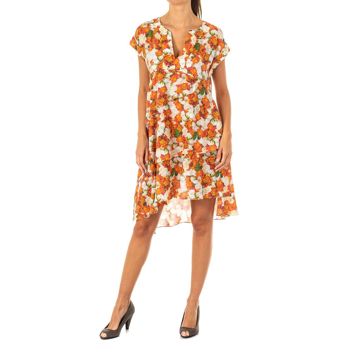Gestuftes Kleid mit Rüschen und Blumenmuster