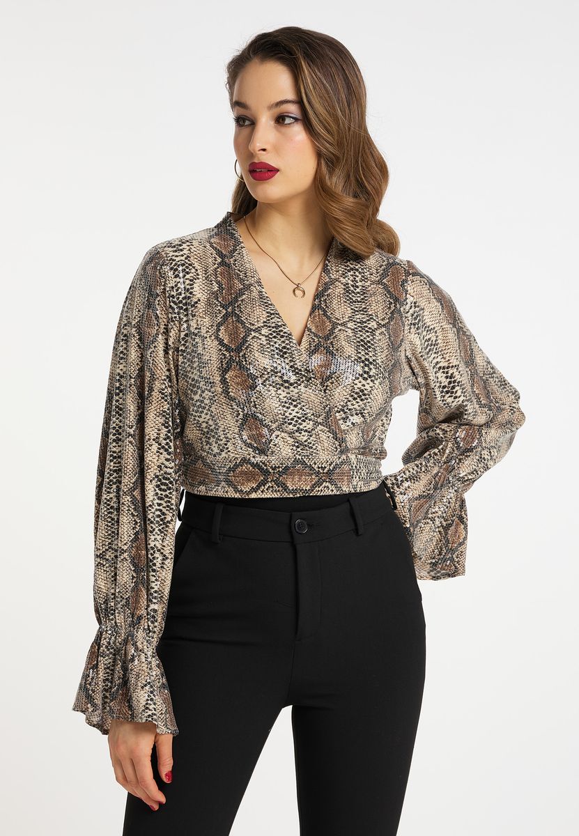Wickelbluse mit Pailletten-Schlangenmuster