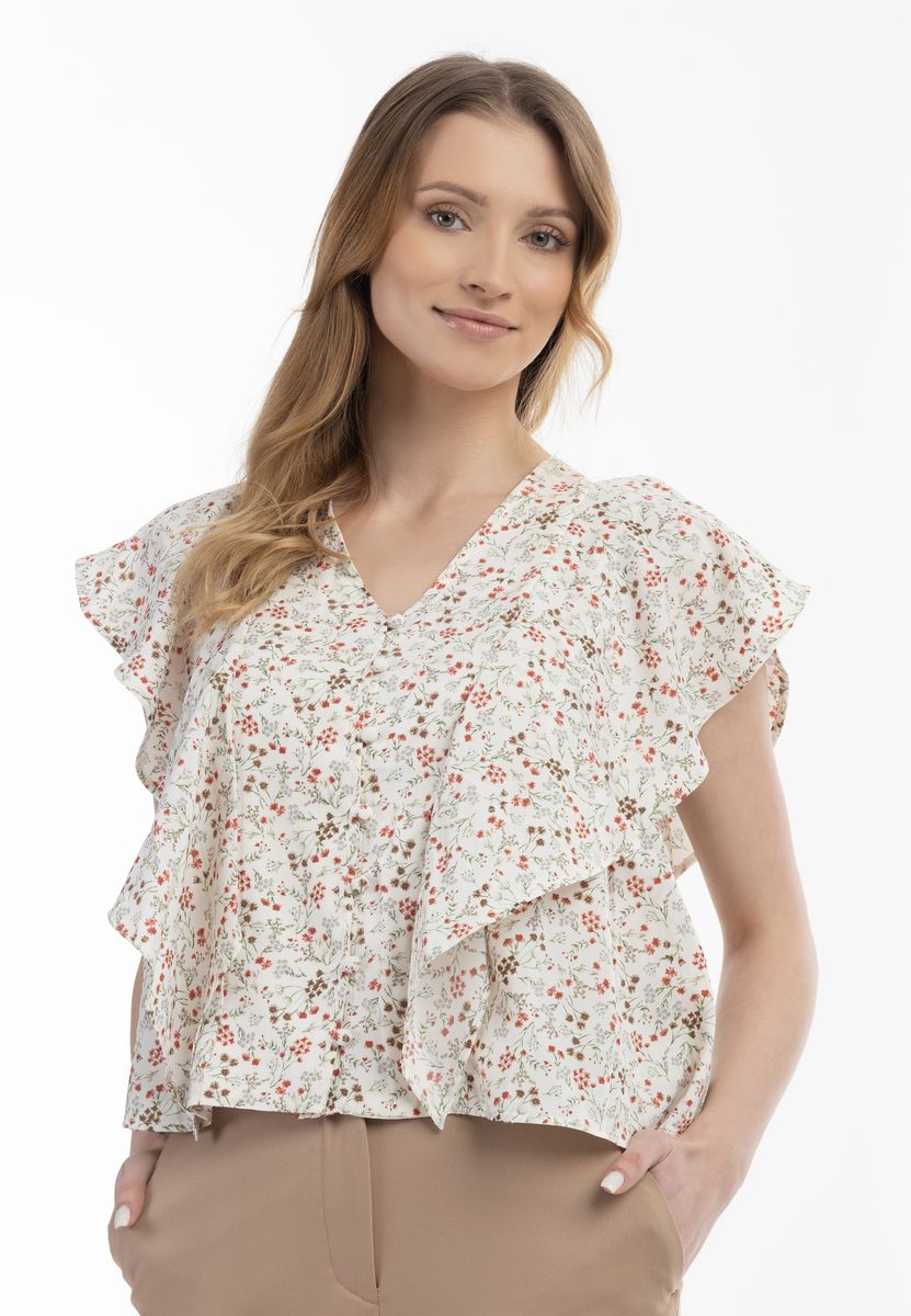 Florale Volant-Bluse mit V-Ausschnitt
