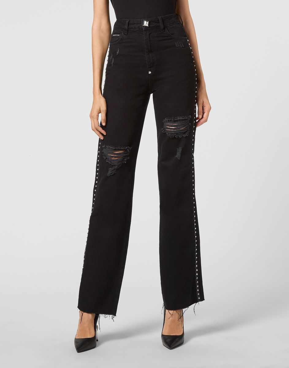 Weite Jeans mit Strassbesatz