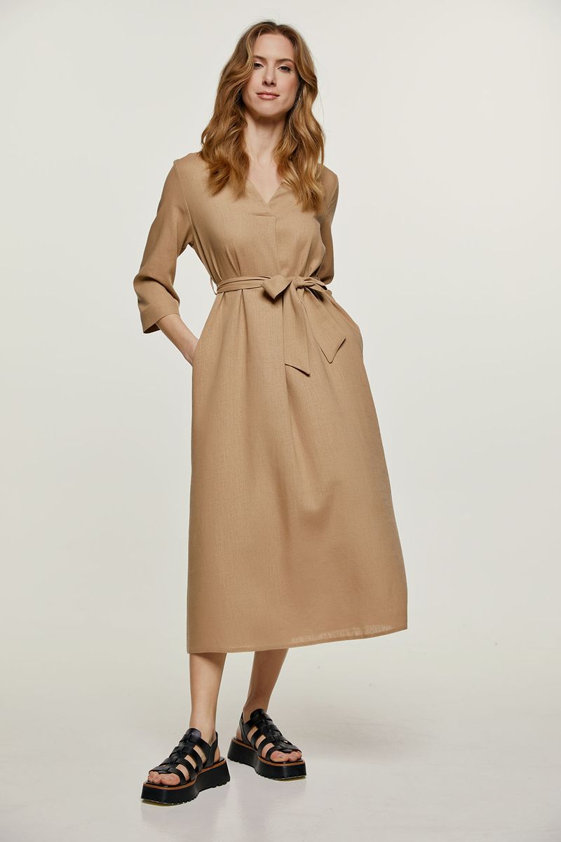 Elegantes Leinen-Midikleid mit Gürtel