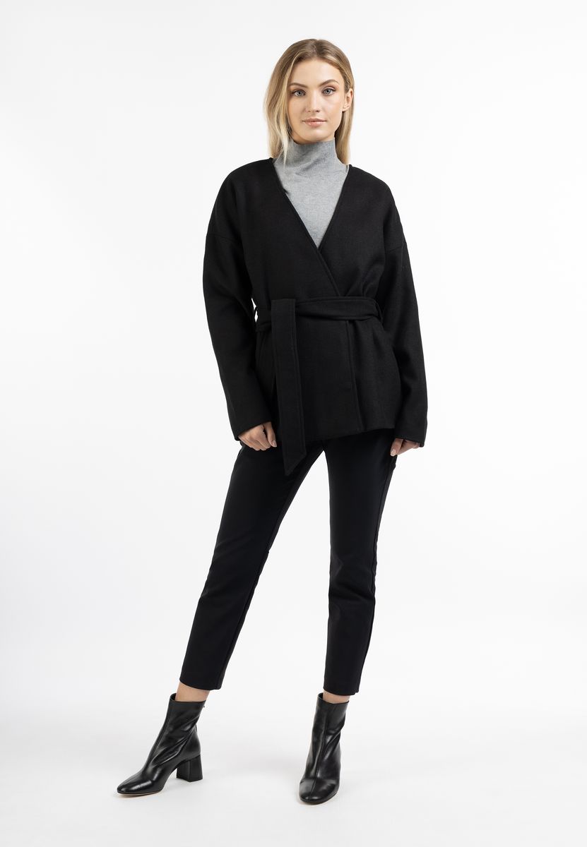 Minimalistische Kragenlose Wollmischjacke mit Gürtel