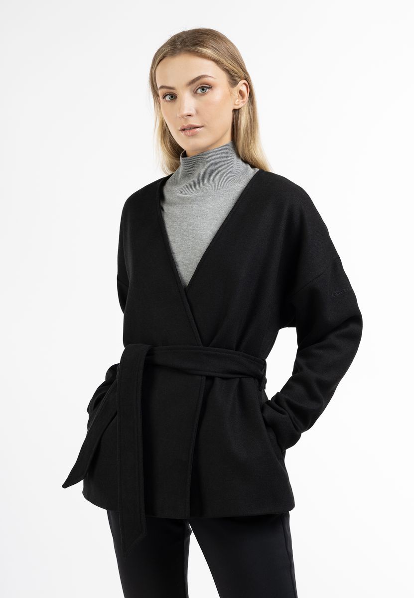 Minimalistische Kragenlose Wollmischjacke mit Gürtel