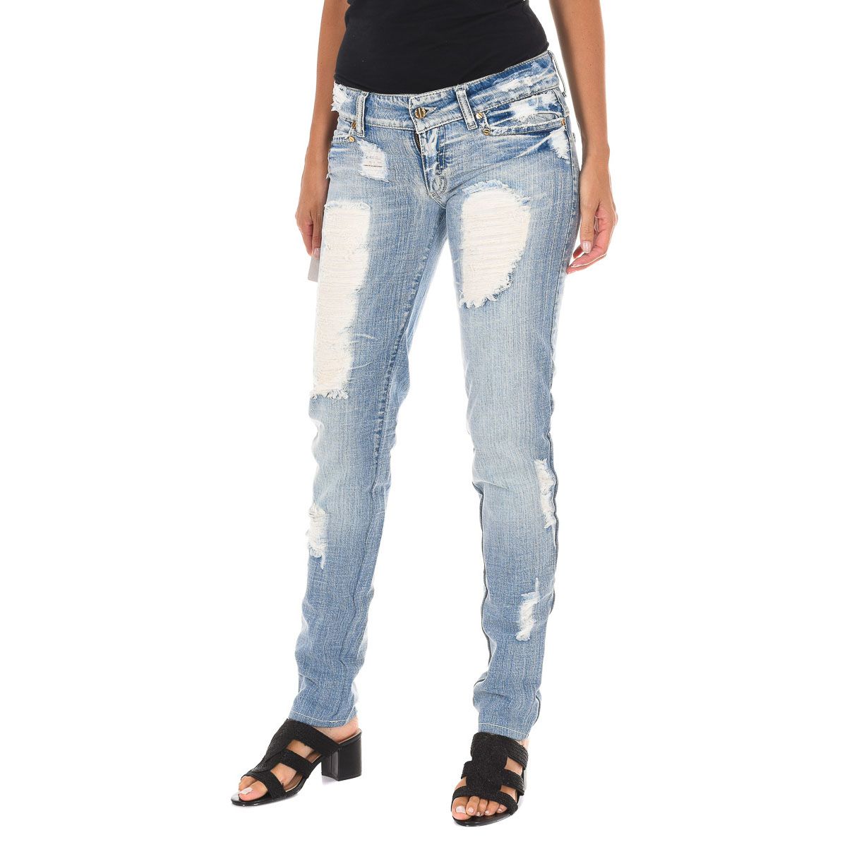 Distressed Slim-Jeans mit Chiffon-Einsätzen
