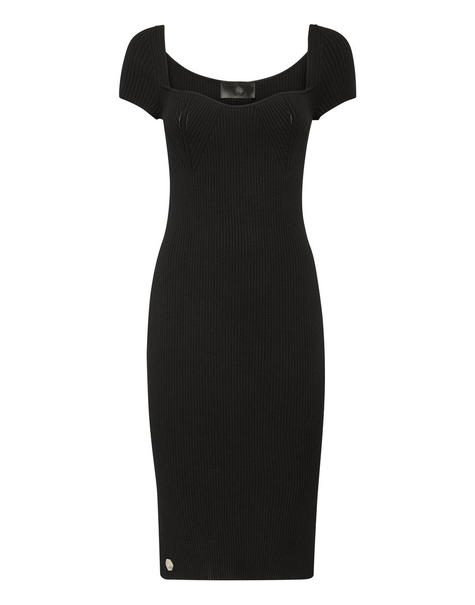 Rippstrick-Midikleid mit Herzausschnitt