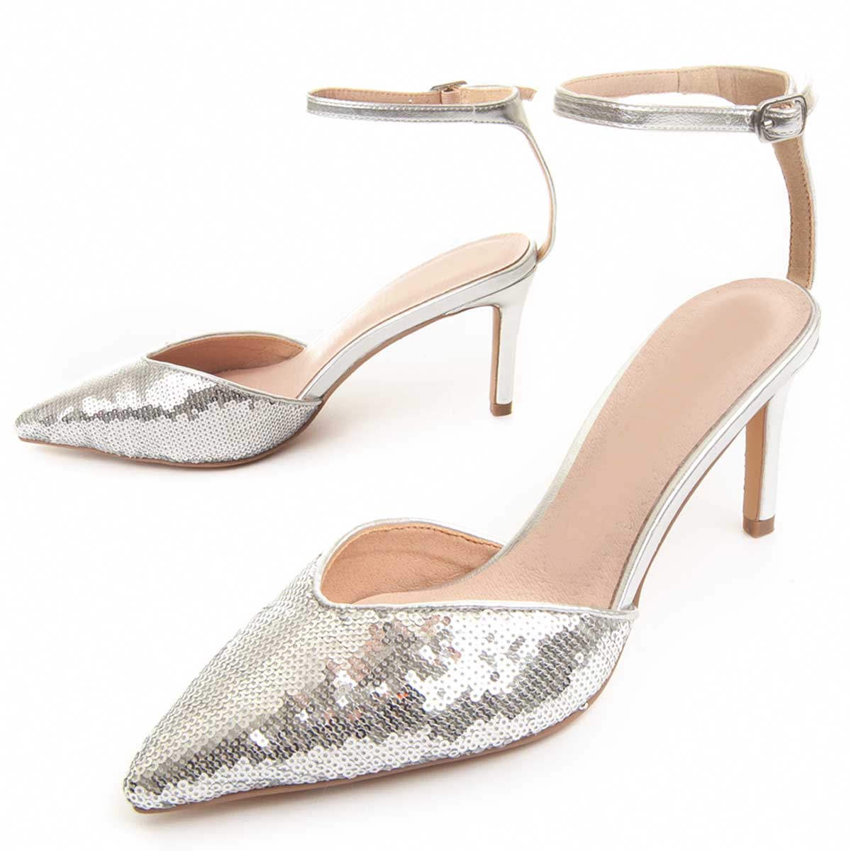 Pailletten-Pumps mit Fesselriemen und spitzer Kappe