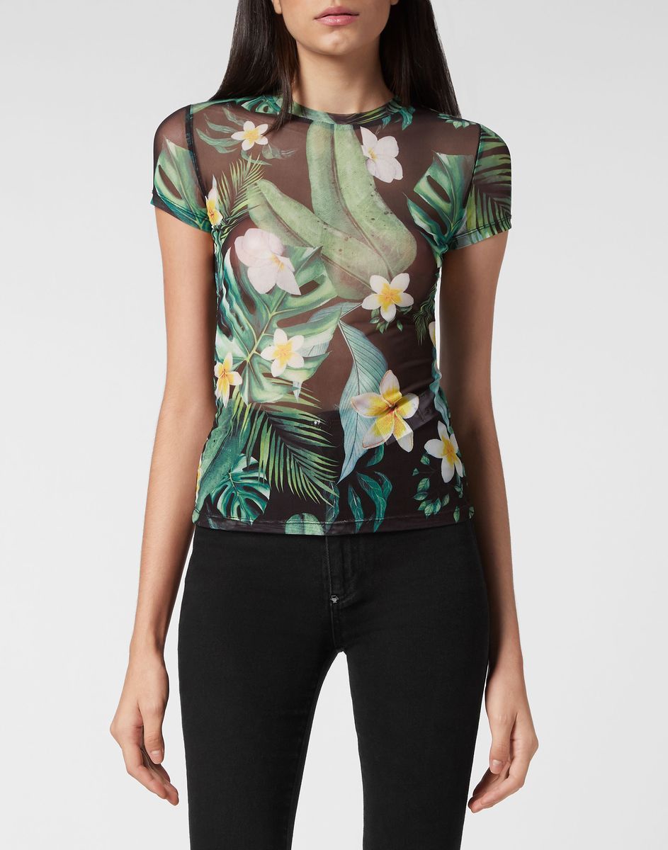 Mesh-Top mit tropischem Blumenprint